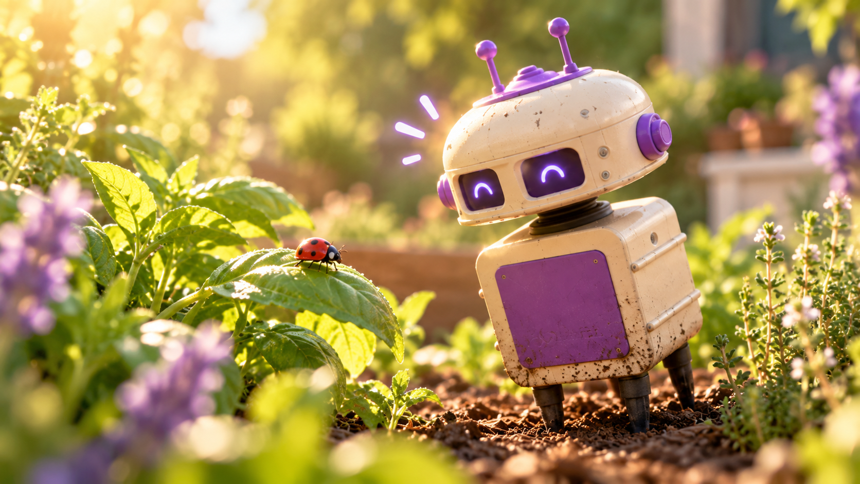 GroveBot noticing a ladybug on a leaf in the garden