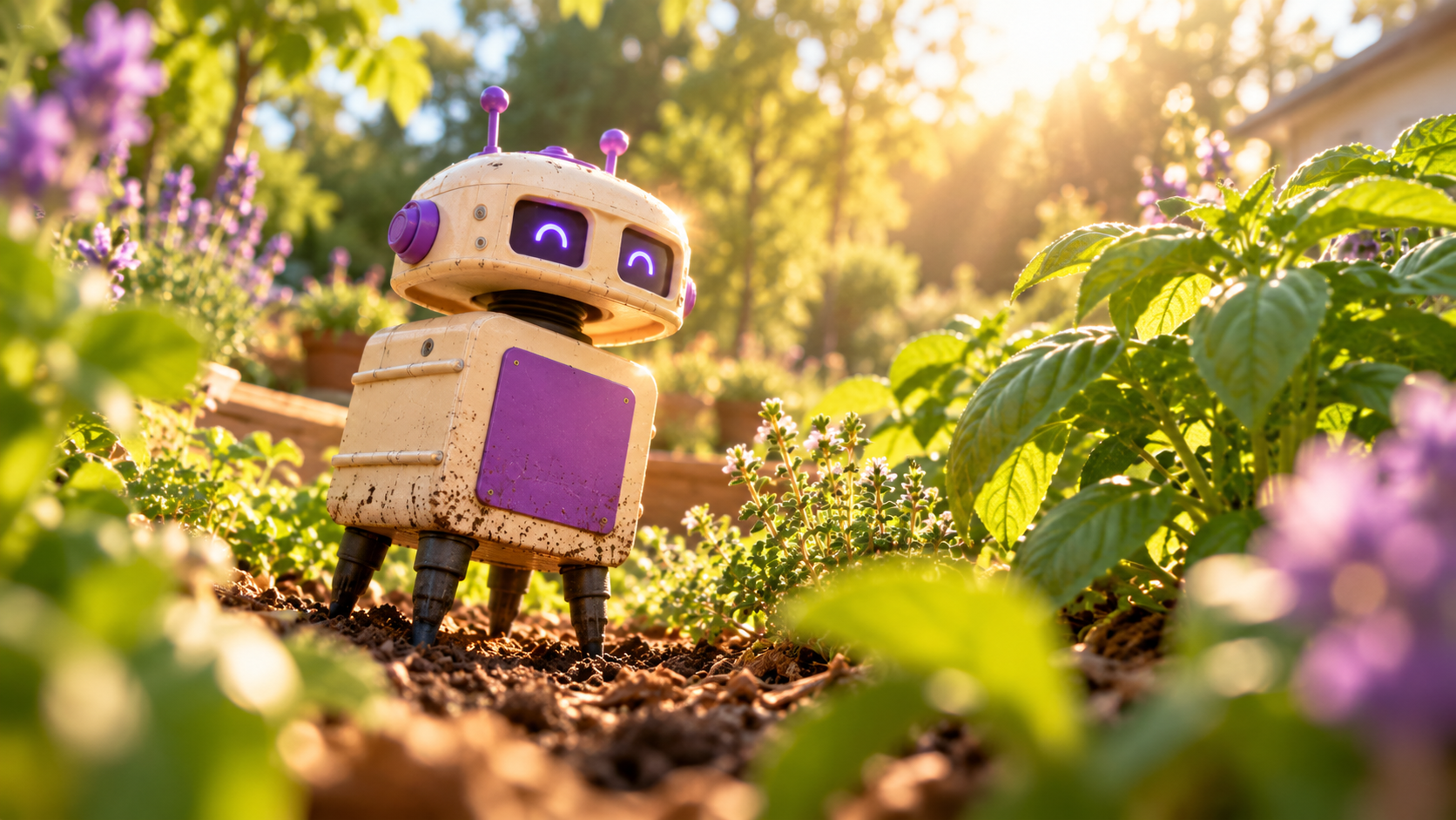 GroveBot standing in a sunny herb garden bed