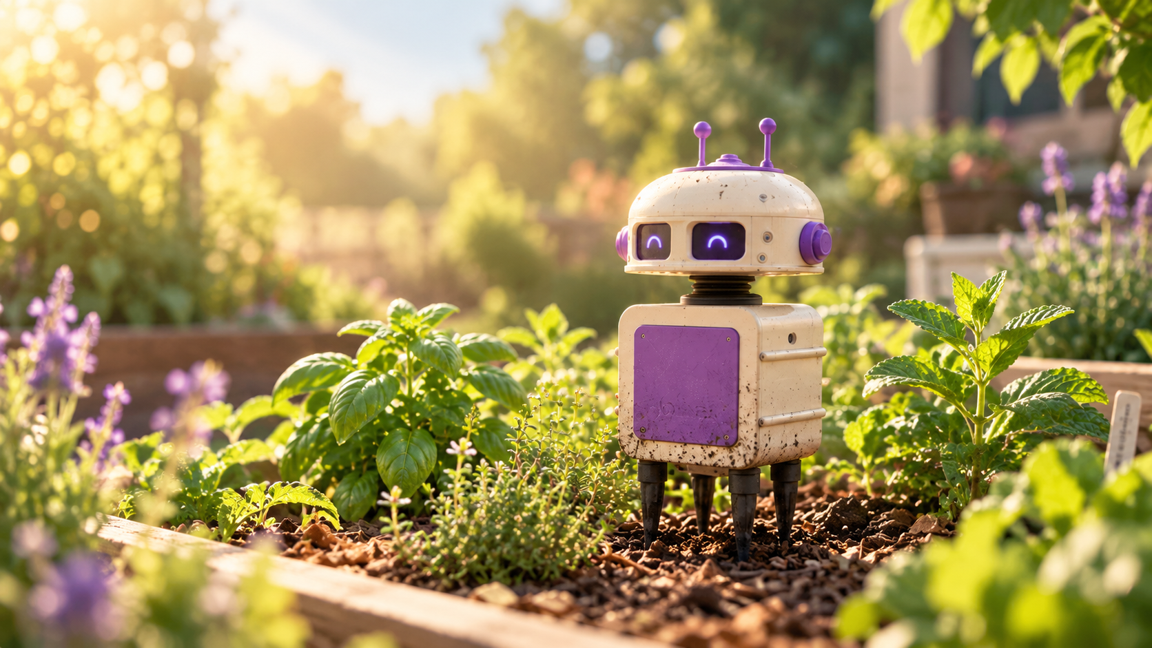 GroveBot standing in a bright garden bed surrounded by herbs