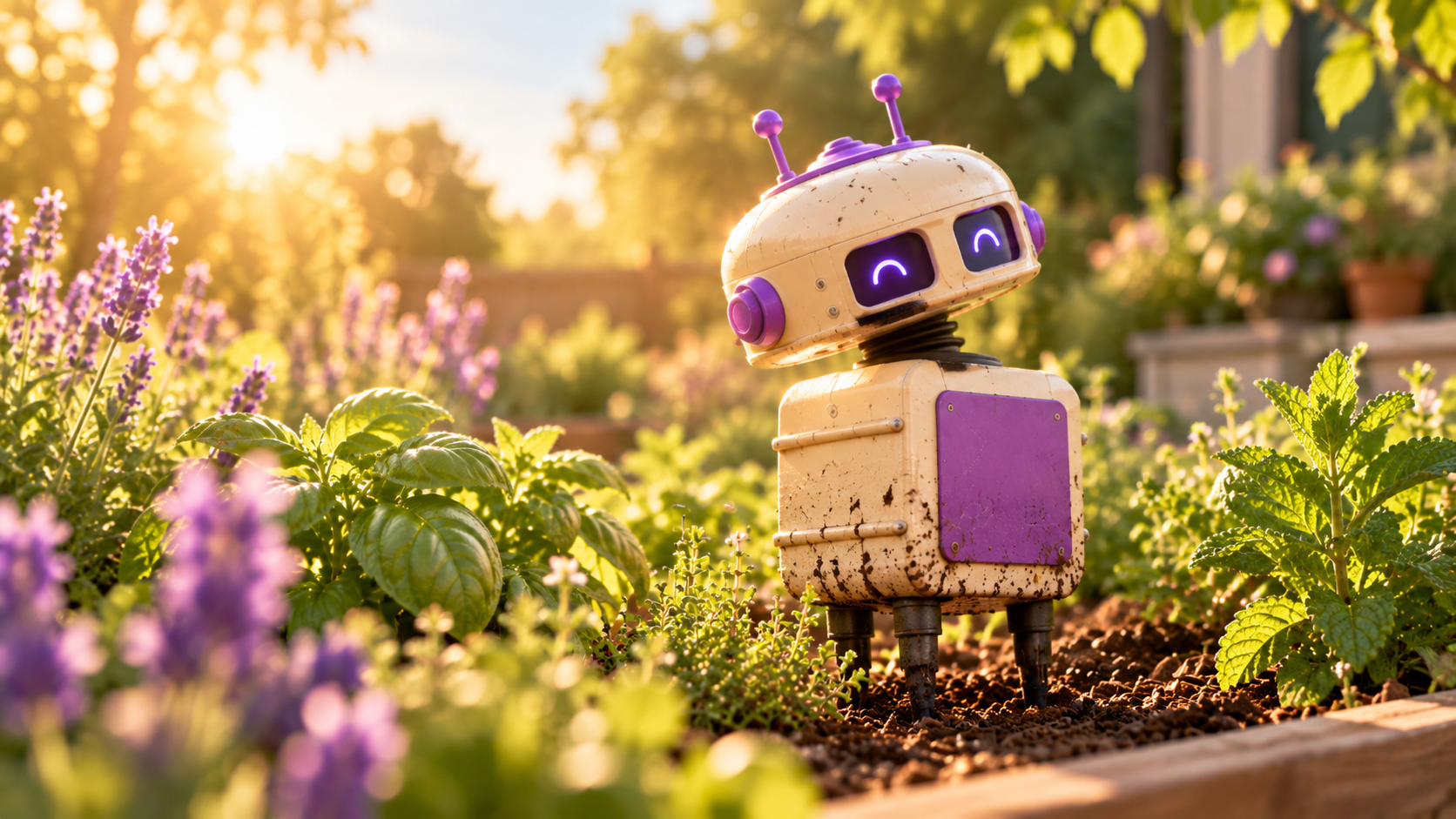 GroveBot in a sunny raised bed garden with basil and herbs