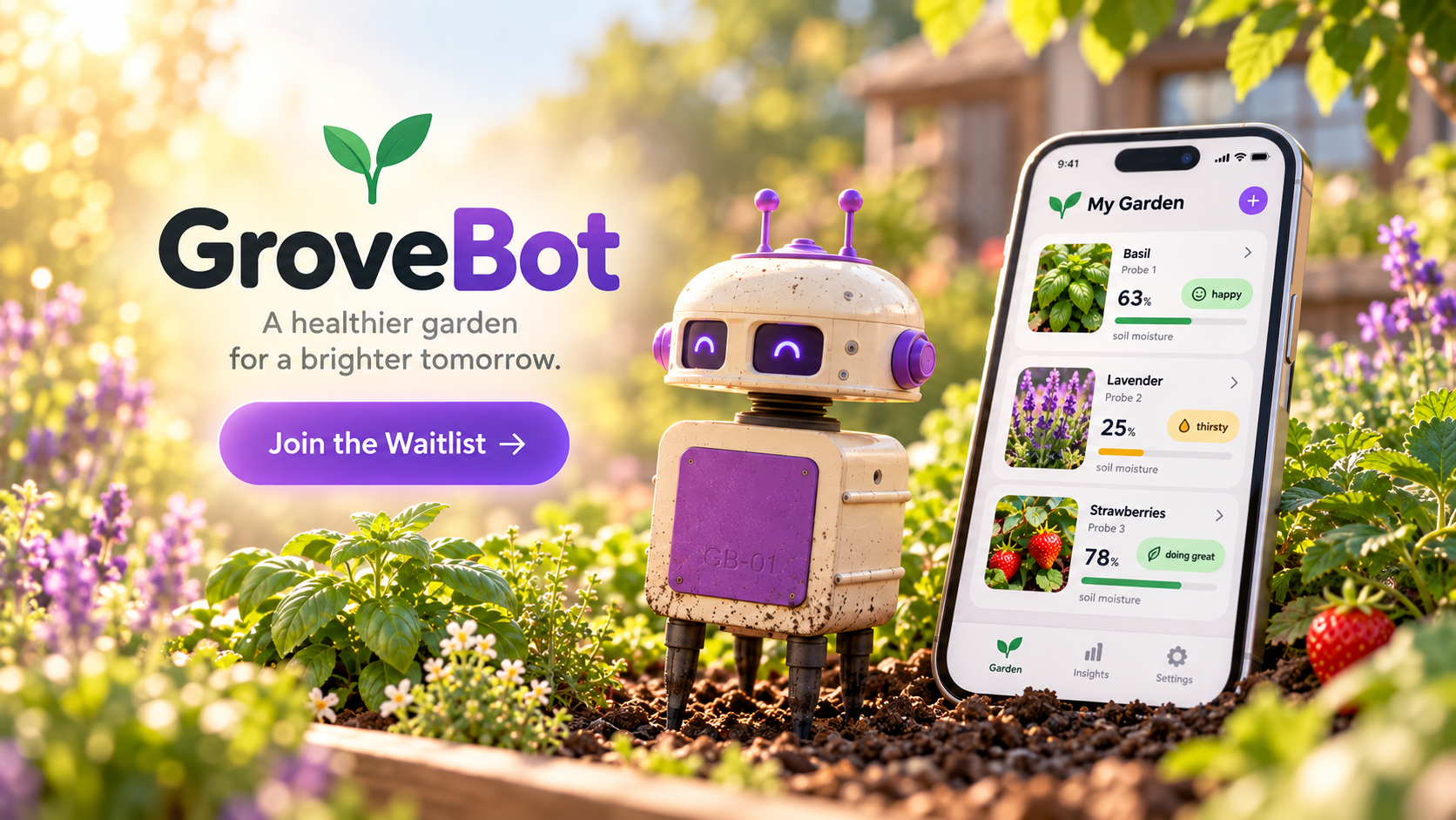 Concept image of the GroveBot mobile app showing several garden zones