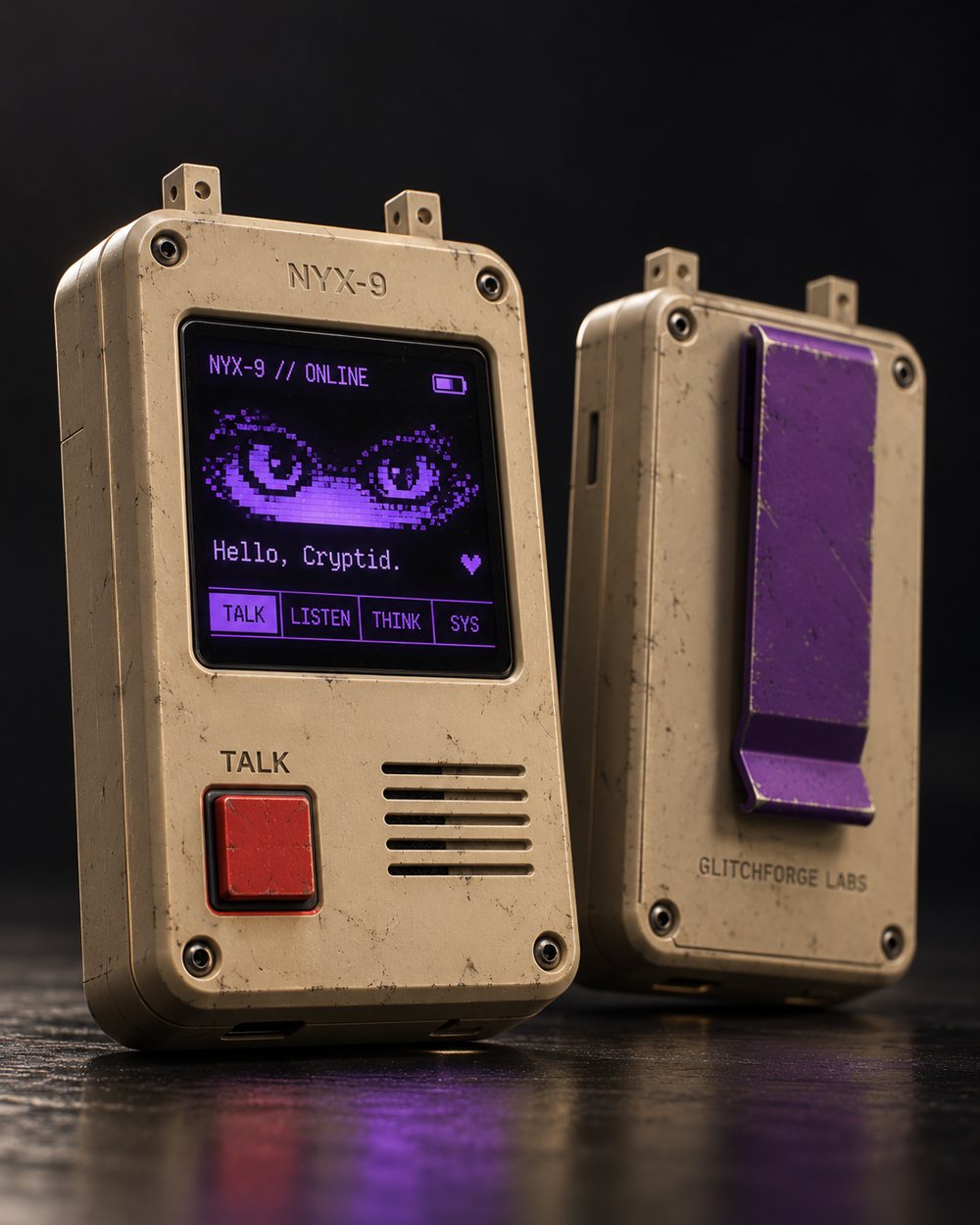 A beige handheld unit with a small purple screen, a red talk button and a belt clip